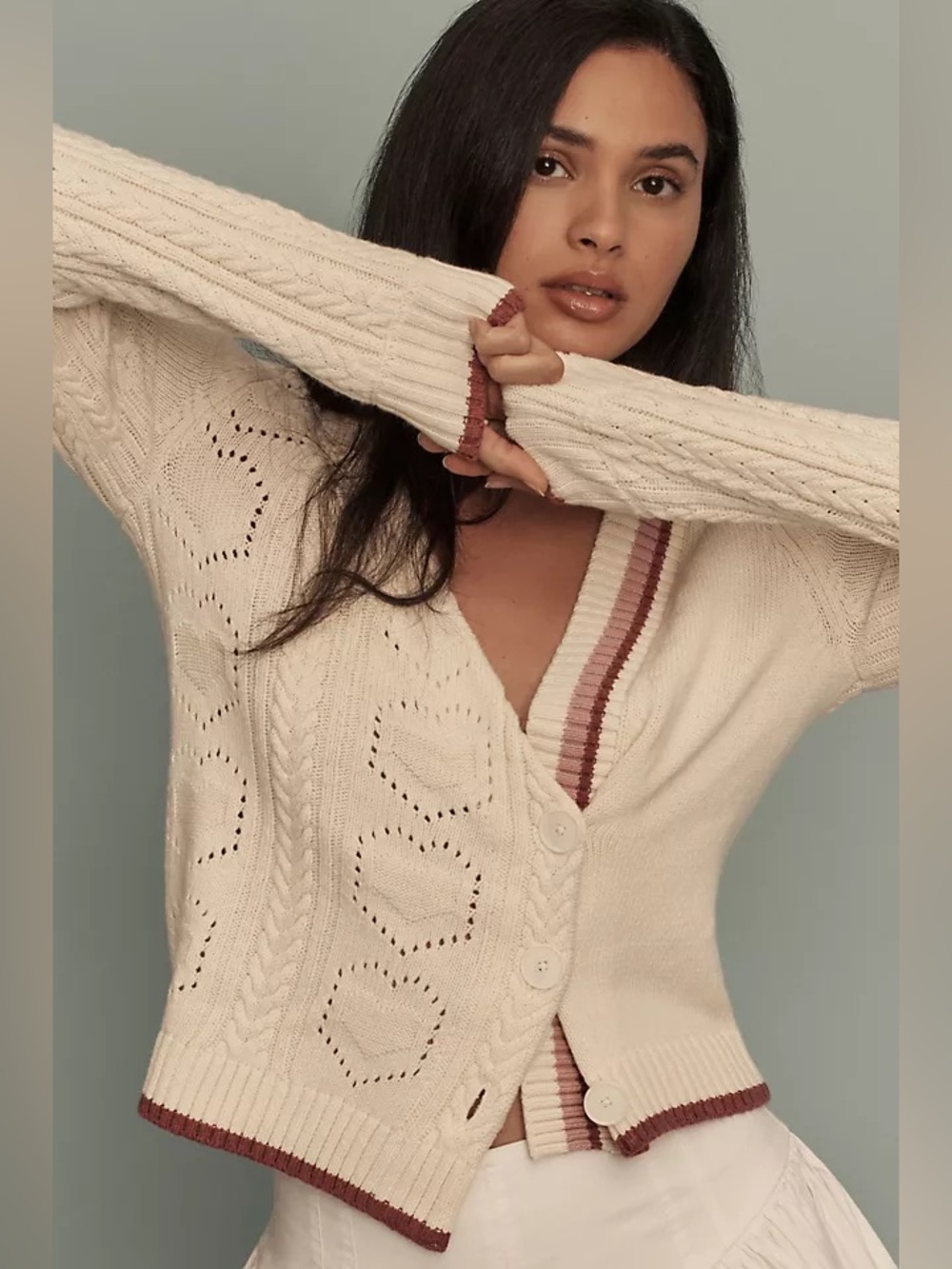 Maeve Anthropologie Ivory Heart Cable Knit Cardigan Wool Blend S Cottagecore